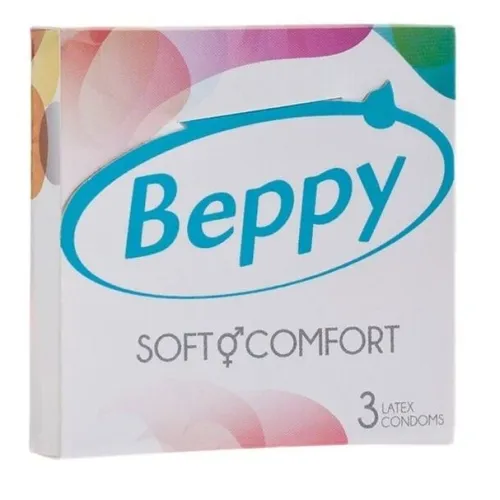 Verpackung von Beppy Soft Comfort, 3 Latexkondome, mit buntem Design und Logo.