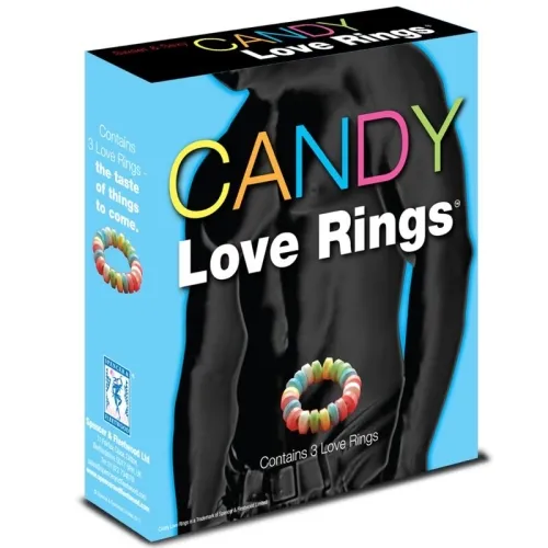 Verpackung von Candy Love Rings mit schwarzem Hintergrund und buntem Schriftzug, zeigt einen muskulösen Oberkörper.
