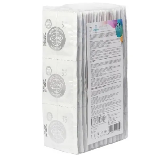 Packung mit 72 Beppy Kondomen, seitlich gezeigt, mit Produktinformationen auf der Rückseite.