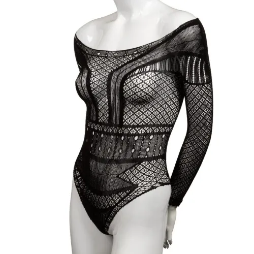 Schwarzer, langärmeliger Netz-Body auf einer Schaufensterpuppe, mit geometrischen Mustern und transparentem Design.