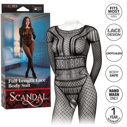 Packaging and black lace bodysuit with pattern, ripped crotch, hand washable, one year guarantee.