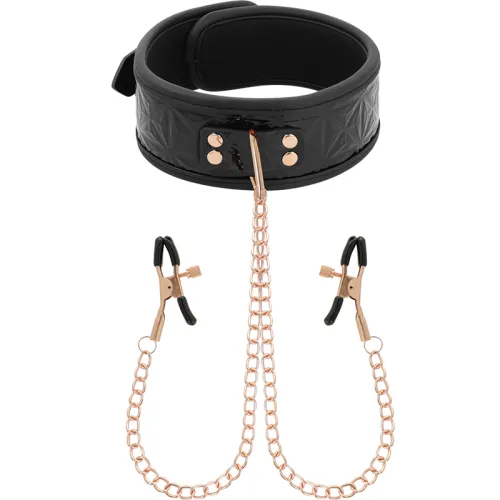 Schwarzes Halsband mit goldenen Ketten und Klammern, auf weißem Hintergrund.