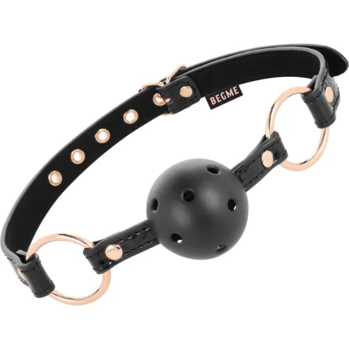 Black ball gag with adjustable strap and gold rings, brand "BEGME".