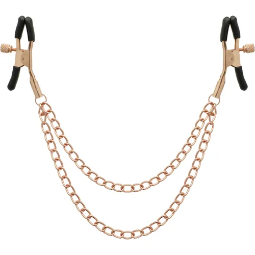 Two golden clamps with black tips, connected by a double chain.
