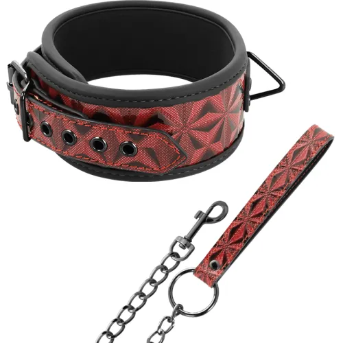 Rotes Halsband mit geometrischem Muster und passender Leine mit Kette und Karabinerhaken.