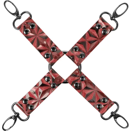 Red, star-shaped harness with black rivets and hooks at the ends, arranged in an X-shape.