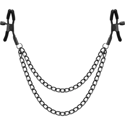 Black clamps with adjustable screws, connected by two chains.