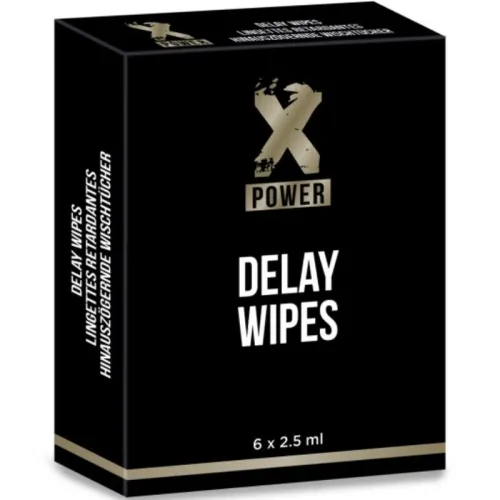 Schwarze Verpackung mit der Aufschrift "X Power Delay Wipes", 6 x 2,5 ml.