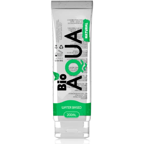 Transparente Tube mit grünem Etikett, Aufschrift "Bio Aqua Natural", 200 ml, wasserbasiert.
