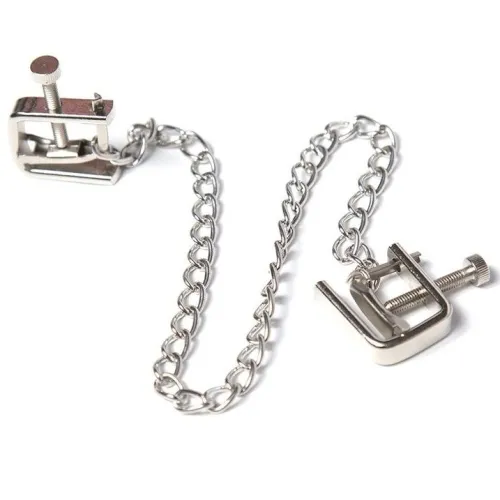 Silver clips with chain, on a white background.