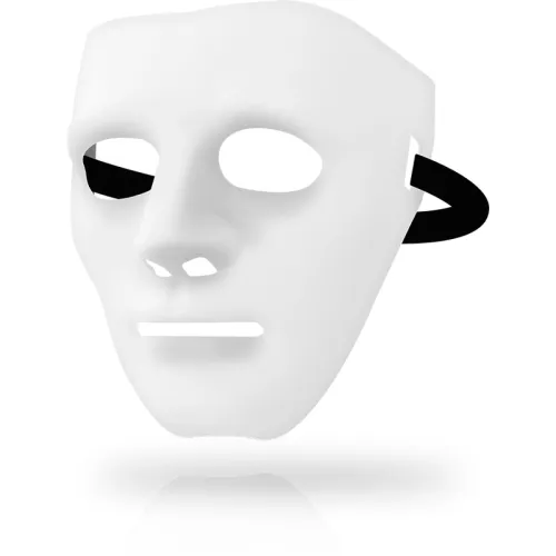 Weiße Gesichtsmaske mit schwarzen Bändern, schwebend vor weißem Hintergrund.