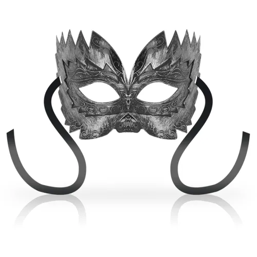 Silver Venetian mask with black ribbons and decorative patterns on a white background.