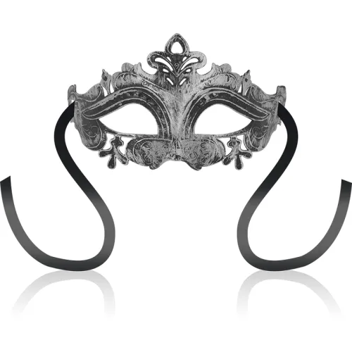 Silberne venezianische Maske mit schwarzen Bändern, verziert mit floralen Mustern und einem zentralen Ornament.