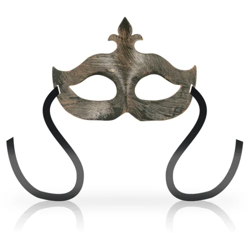 Wooden mask with black band, Venetian style, on a white background.