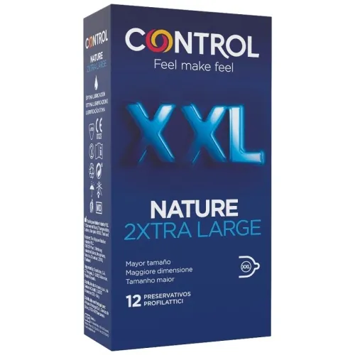 Pack of Control XXL Nature condoms, 12 pieces, blue packaging, text in several languages.
