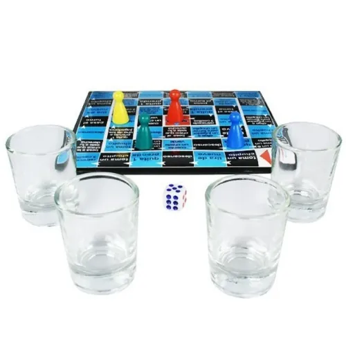 Board game with colorful playing pieces, four empty glasses and a die on a white background.
