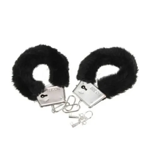 Black plush handcuffs with silver locks and two keys on a white background.