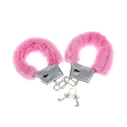Pink plush handcuffs with two keys on a white background.