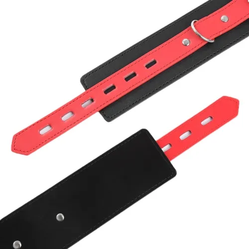 Black and red leather bracelet with buckles and holes.