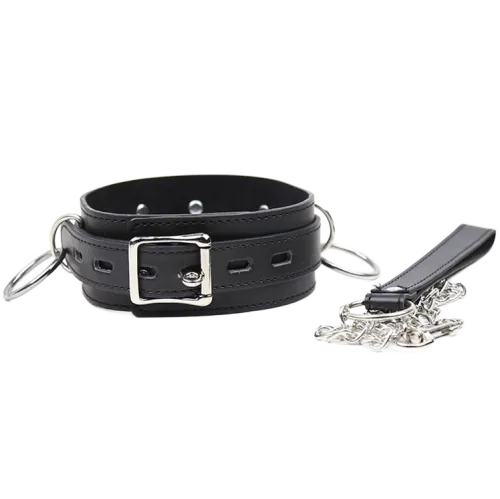 Black leather collar with metal buckle and chain, on a white background.