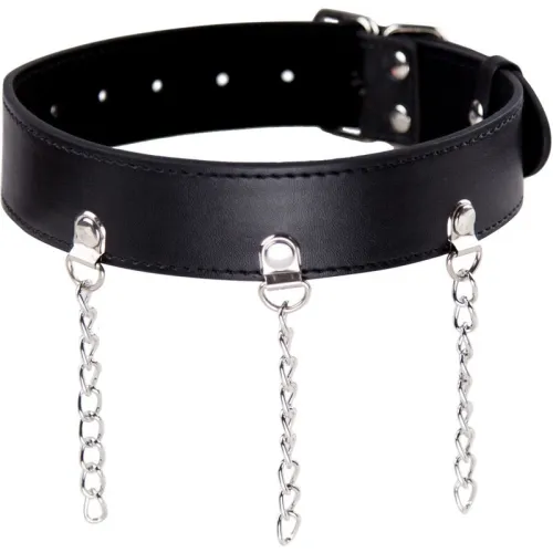Black leather collar with three silver chains and buckles.