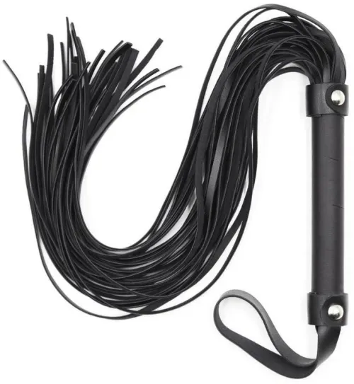 Black leather whip with many straps and a handle with a wrist strap.
