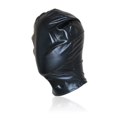 Black, shiny mask made of elastic material that covers the entire head.