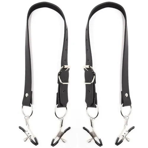 Two black leather straps with metal clips and buckles on a white background.