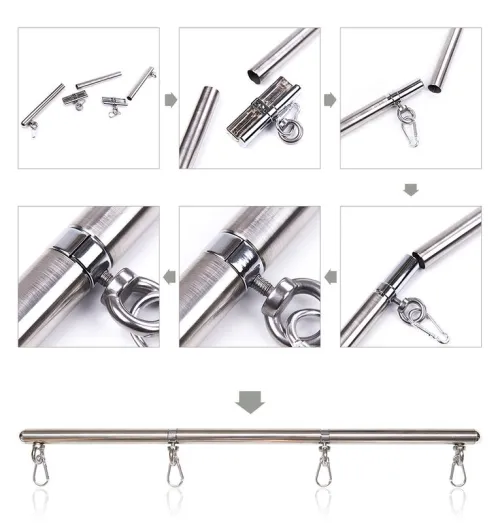 Assembly instructions for a metal rod with hooks, consisting of several parts that are plugged together.