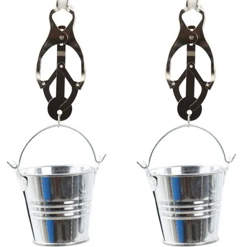 Two silver ice buckets with tong holders, hanging side by side.