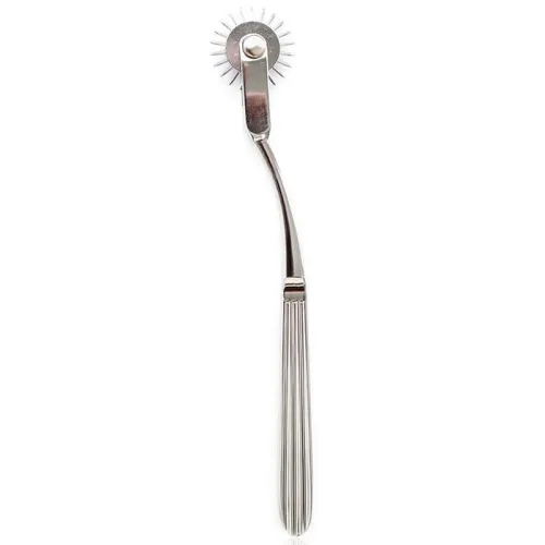 Metallic needle wheel with handle, used for neurological tests.