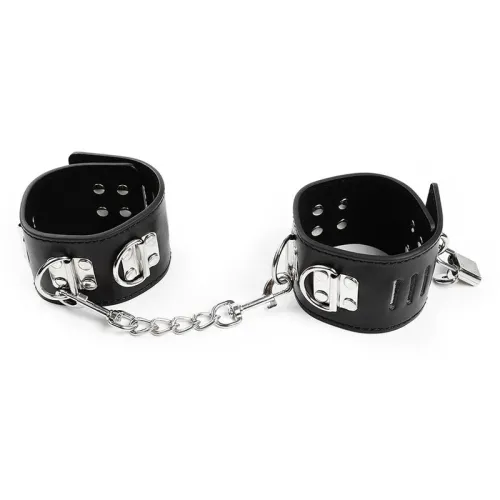 Black leather handcuffs with silver chain and buckles.