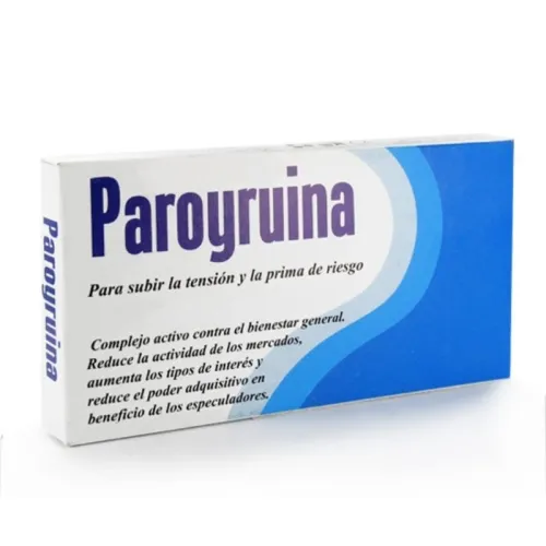 Box labeled "Paroyruina", a satirical description of economics and speculation.
