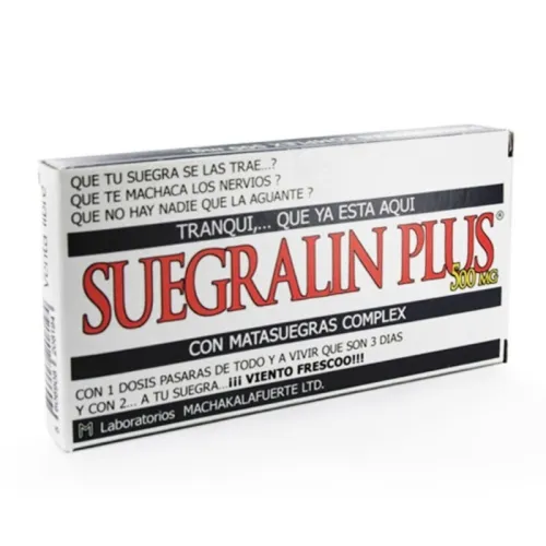 Box labelled "SUEGRALIN PLUS 500 MG" and humorous texts about mothers-in-law.