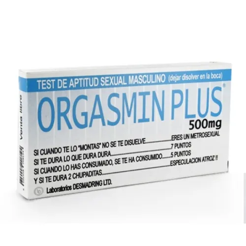 Packaging of "Orgasmin Plus" 500mg, a humorous product for a male sexuality test.
