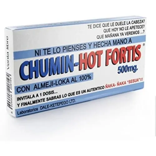 Verpackung von "Chumin-Hot Fortis" 500mg mit humorvollem Text auf Spanisch.