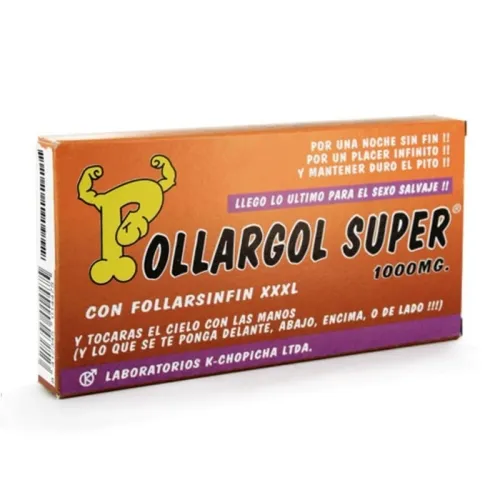 Verpackung von "Pollargol Super 1000mg" mit orange-lila Design und muskulösem Arm als Logo.