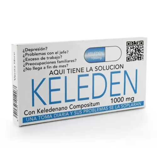 Packung mit der Aufschrift "KELEDEN 1000 mg" und Fragen zu Stress und Depression.