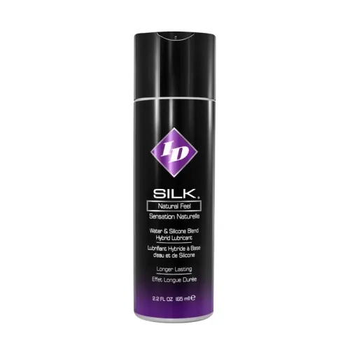 Schwarze Flasche ID Silk Gleitmittel, 65 ml, mit lila Etikett und weißem Text.