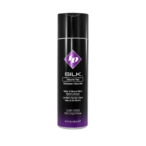 Black bottle of ID Silk lubricant, 130 ml, with purple logo and white text on the front.
