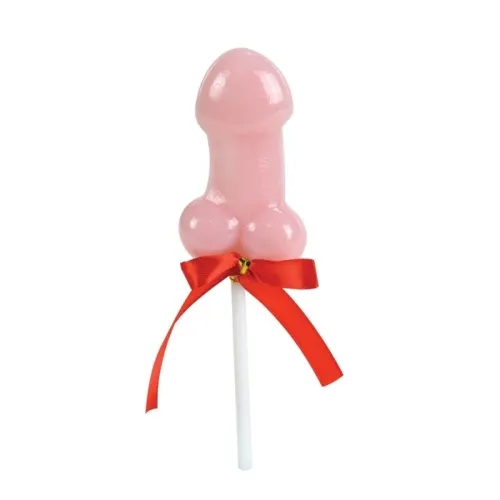 Pink lollipop in the shape of a penis with a red bow on the stick.