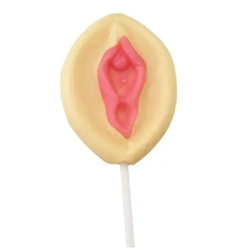 Lutscher in Form einer Vulva mit rosa und beigem Zuckerguss auf einem weißen Stiel.