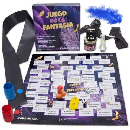 Brettspiel "Juego de la Fantasia" mit Zubehör: Würfel, Spielfiguren, Sanduhr, Augenbinde, Feder, Schokolade.