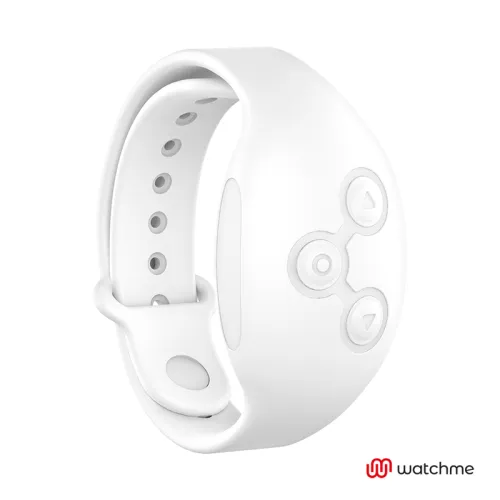 Weiße Smartwatch mit drei Tasten auf der Seite, Logo "watchme" unten rechts.