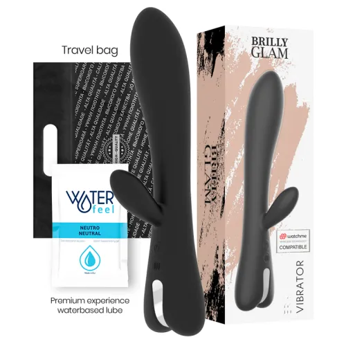 Black vibrator with packaging, travel pouch and lubricant. Labels: "Brilly Glam", "Waterfeel", "Premium experience".
