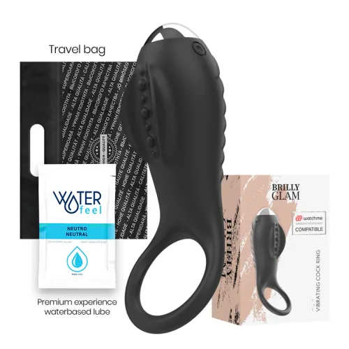 Schwarzer vibrierender Cockring mit Verpackung, Gleitgel und Reisetasche.