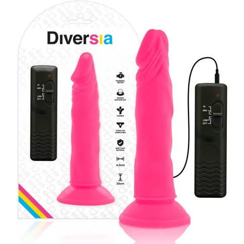Pinkes Vibrator-Set mit Fernbedienung, Saugnapf und flexibler Struktur, verpackt in einer Schachtel mit Diversia-Logo.