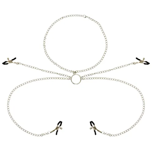 Silver chains with four clasps and a central ring, on a white background.