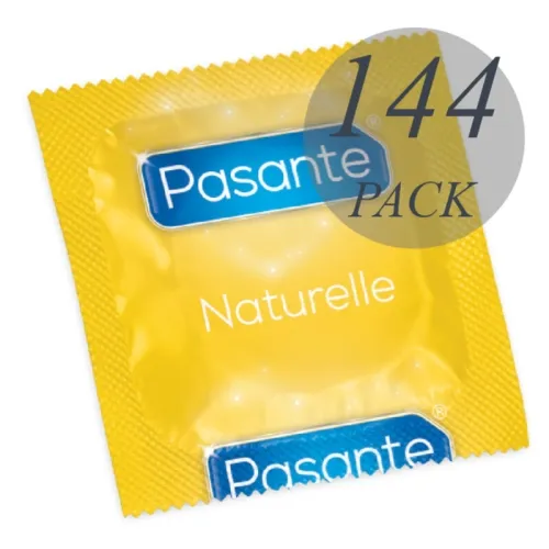 Yellow condom packet of the brand Pasante Naturelle, pack of 144.