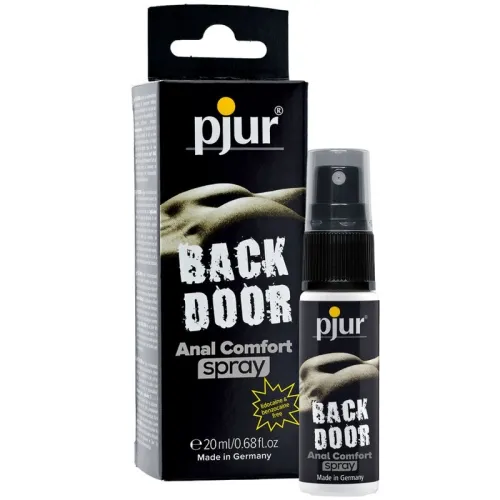 Schwarze Verpackung und Flasche von "pjur Back Door Anal Comfort Spray", 20 ml, hergestellt in Deutschland.